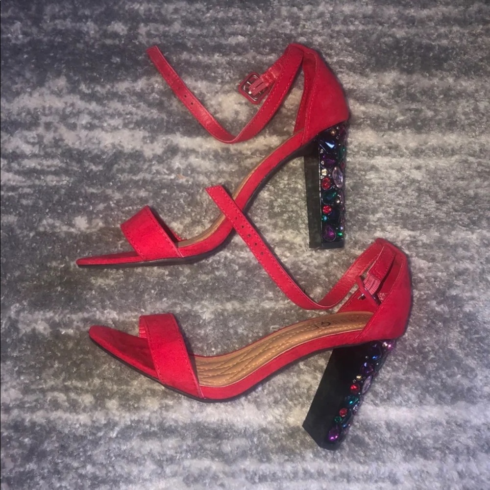 Rouge! Red Block Heel Sandals with Jeweled Accents